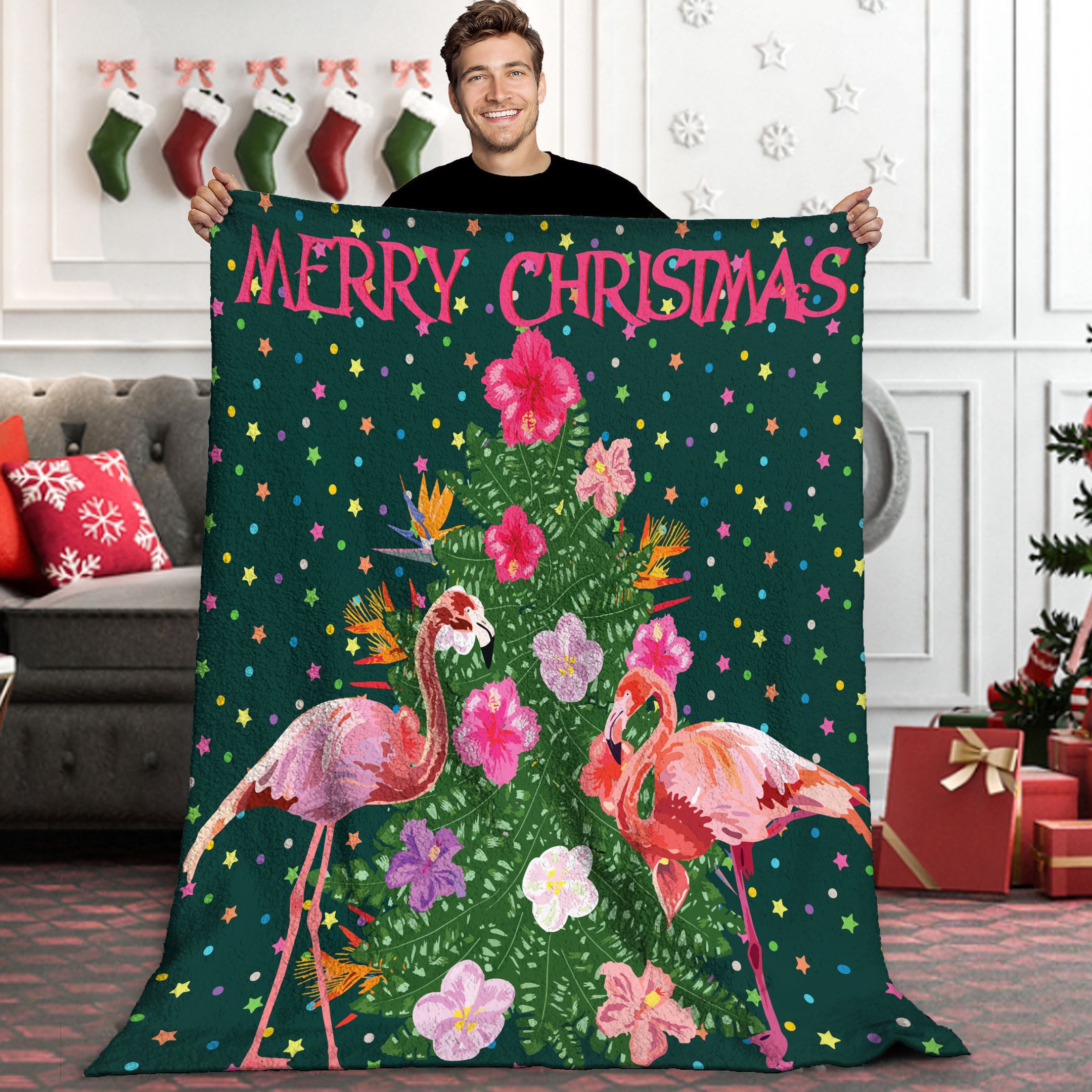 Flamingo Christmas Sherpa Fleece Blanket