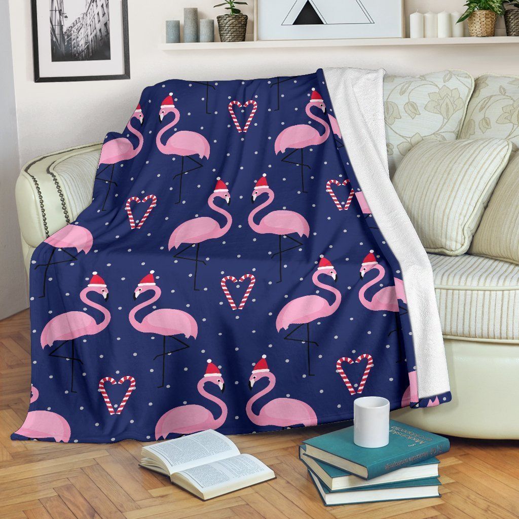 Flamingo Christmas Polka Dot Blue Fleece Blanket