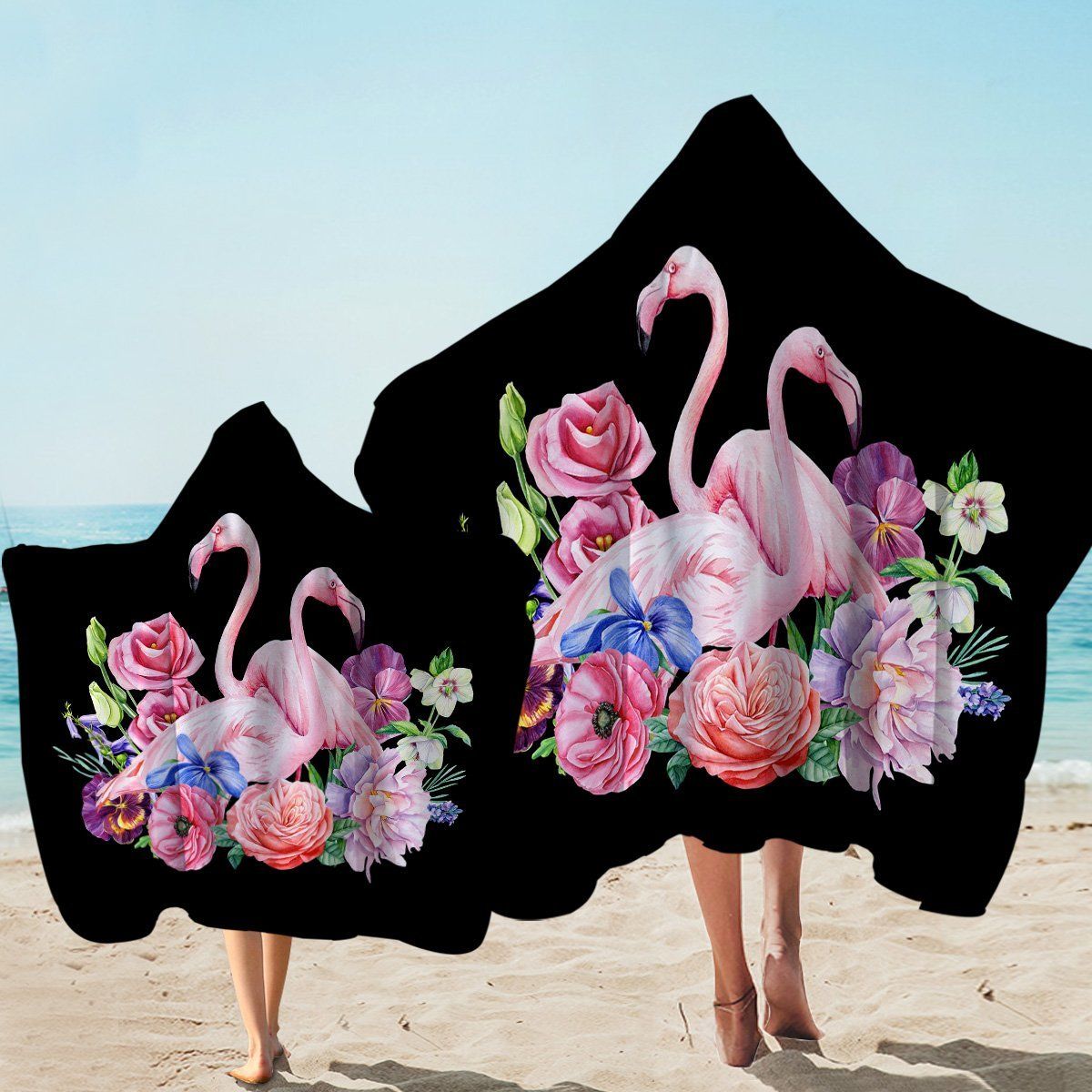 Flamingo Duo Black Pattern Printed Hooded Towel