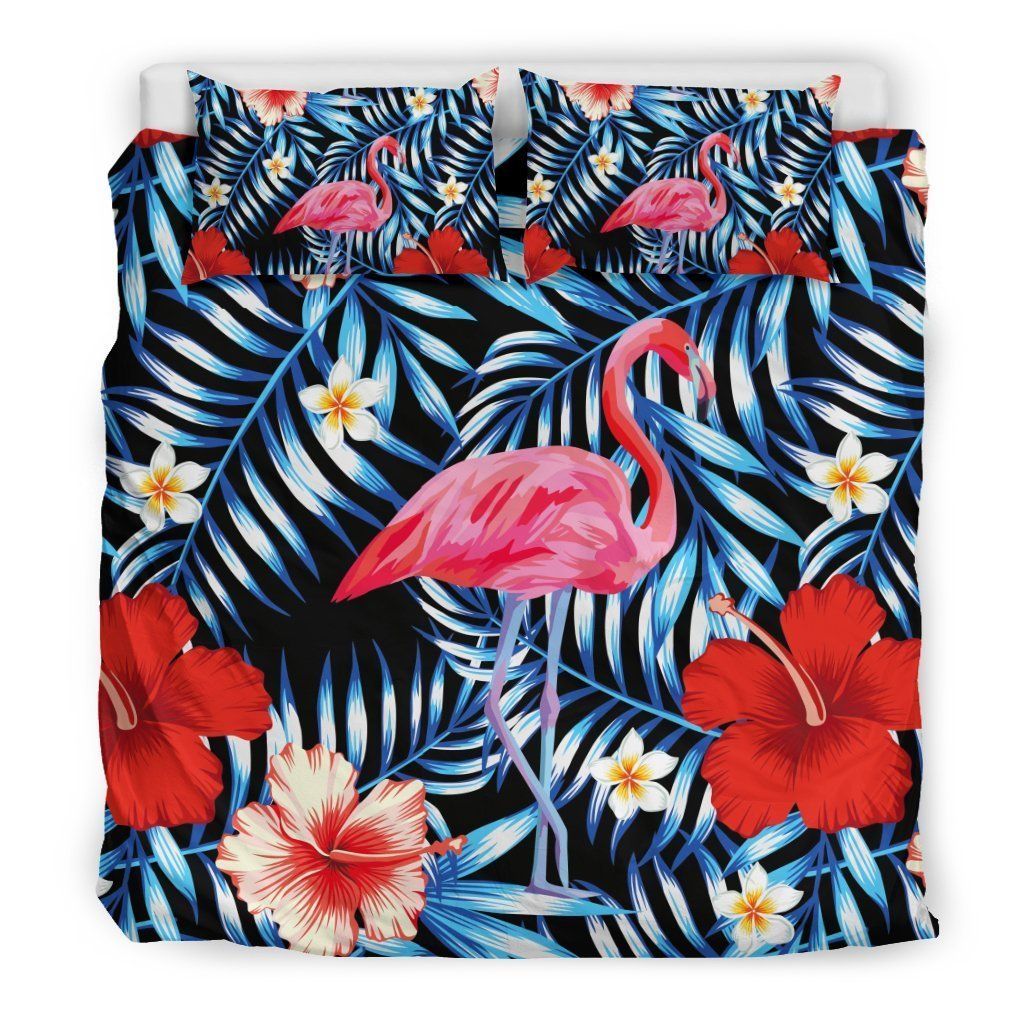 Flamingo Hawaiian Floral Tropical Flower Hibiscus Palm Leaves Bedding Set