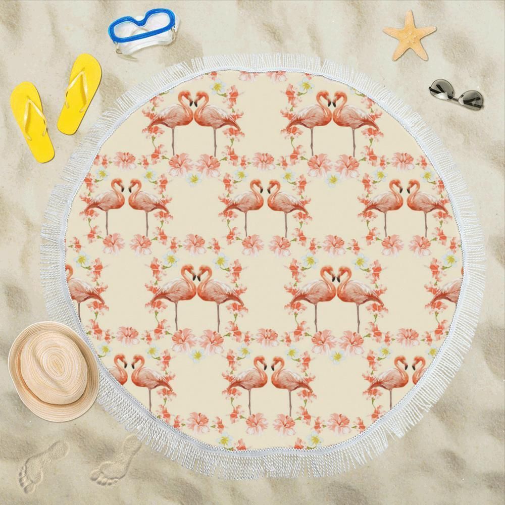 Flamingo Hibiscus Pattern Printed Round Beach Towel