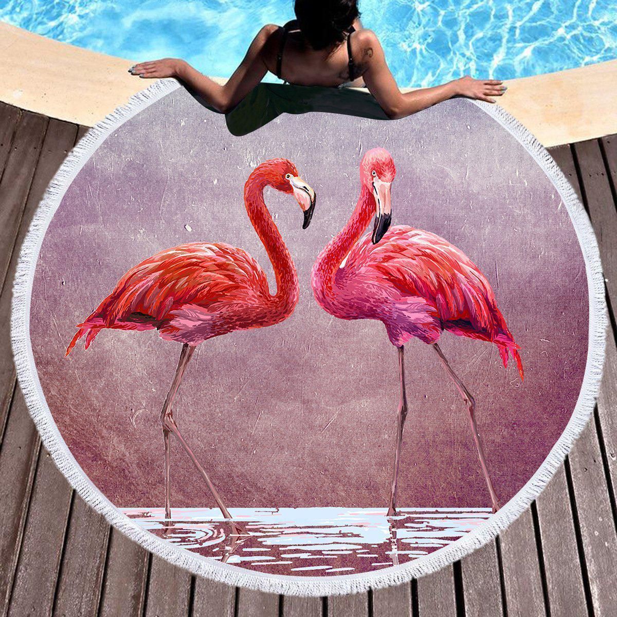 Flamingo Ladies In Pink Printed Round Beach Towel