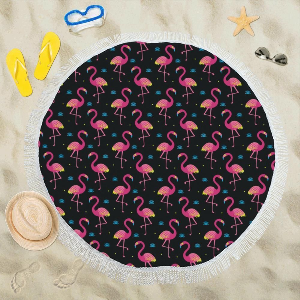 Flamingo Pink Neon Print Pattern Round Beach Towel