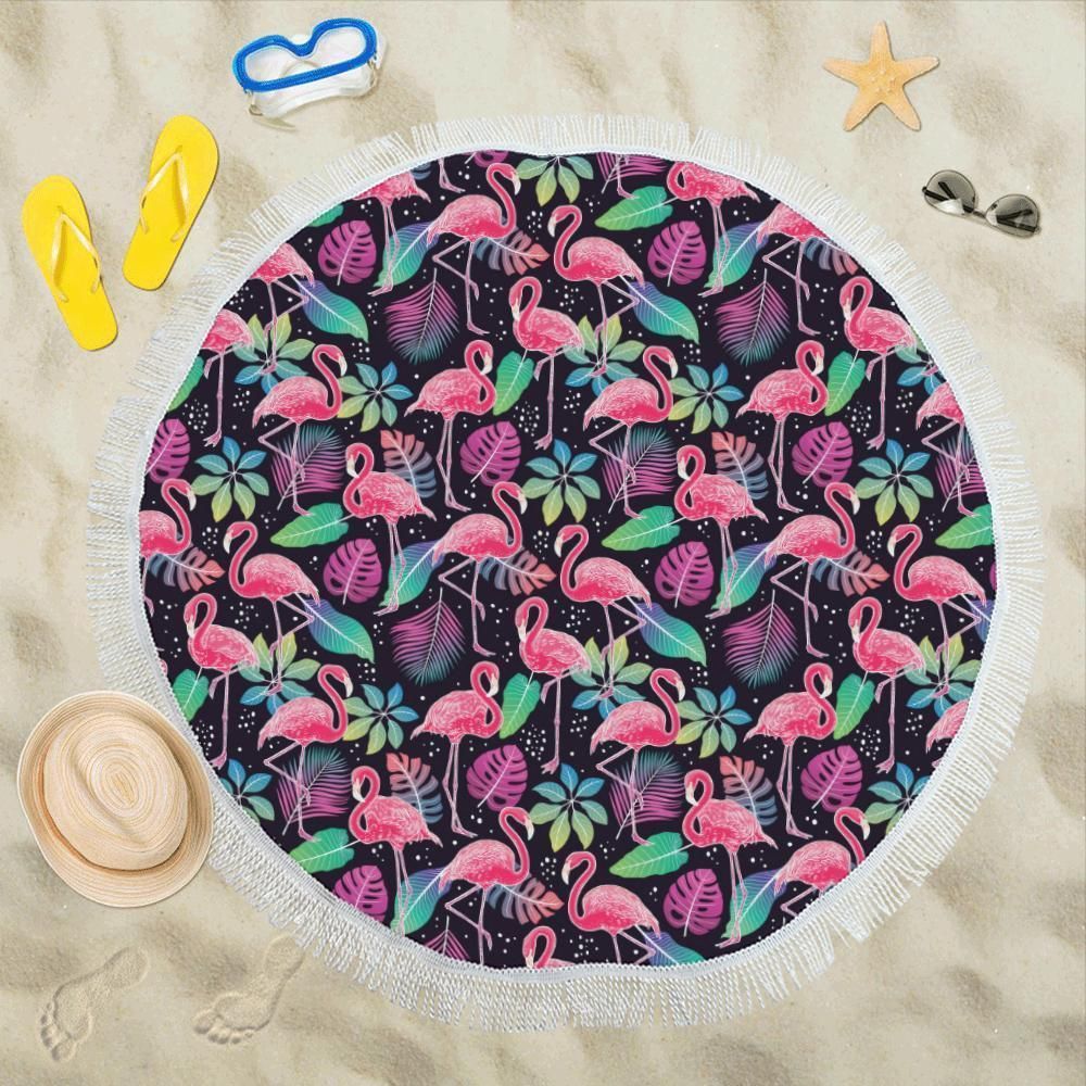 Flamingo Tropical Leaves Neon Print Round Beach Towel