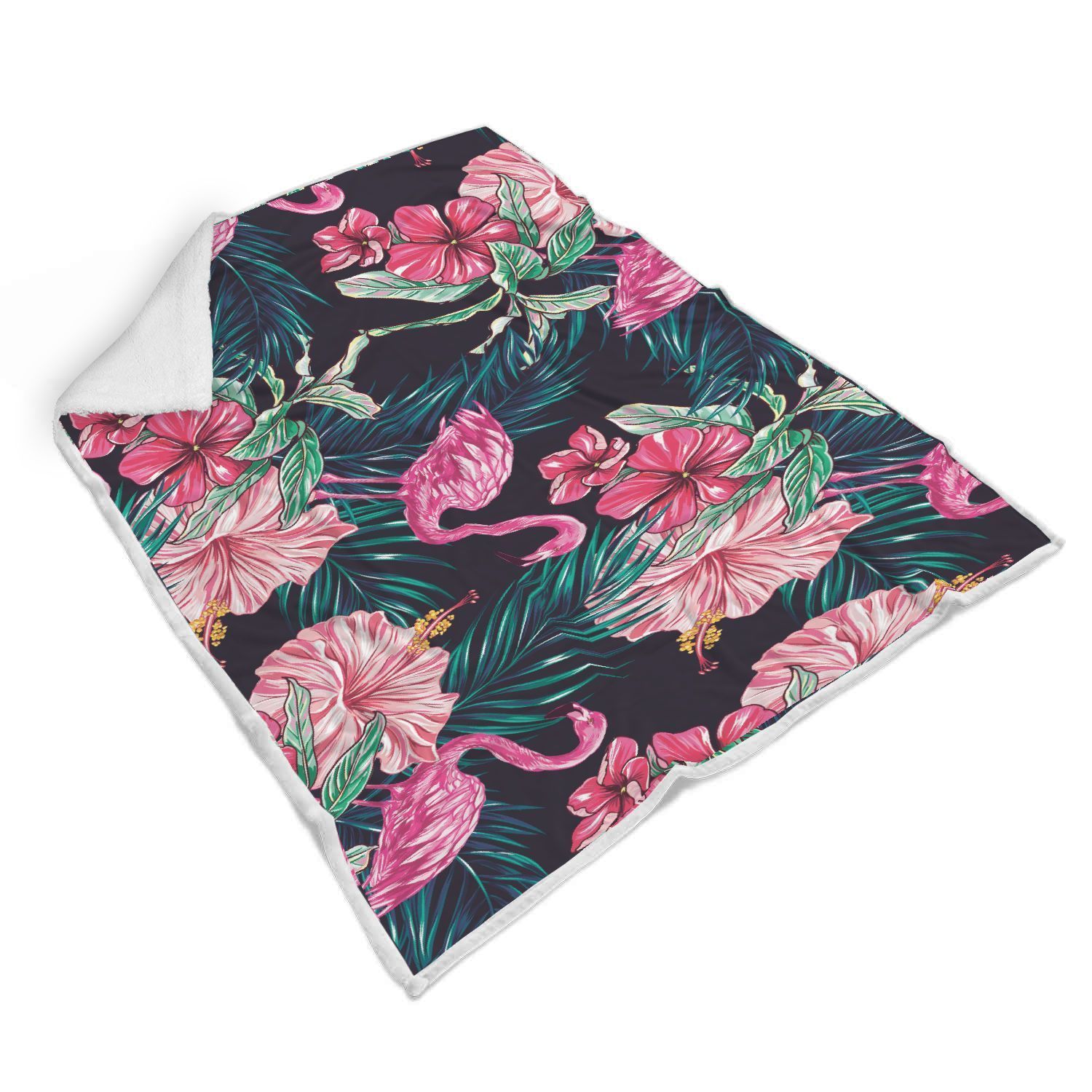 Flamingo Tropical Pink Hibiscus Sherpa Fleece Blanket