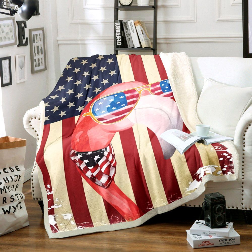 Flamingo With American Flag Sherpa Fleece Blanket