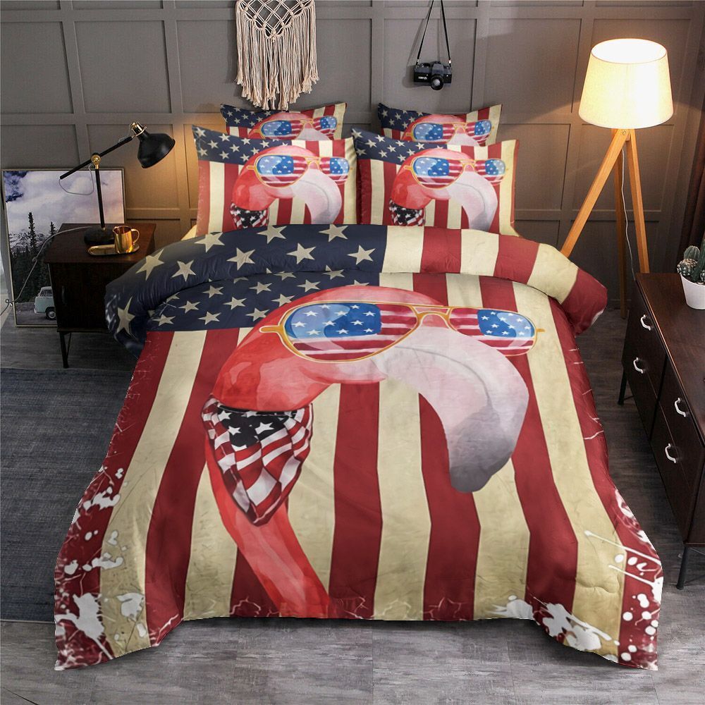 Flamingo With American Flag Bedding Set