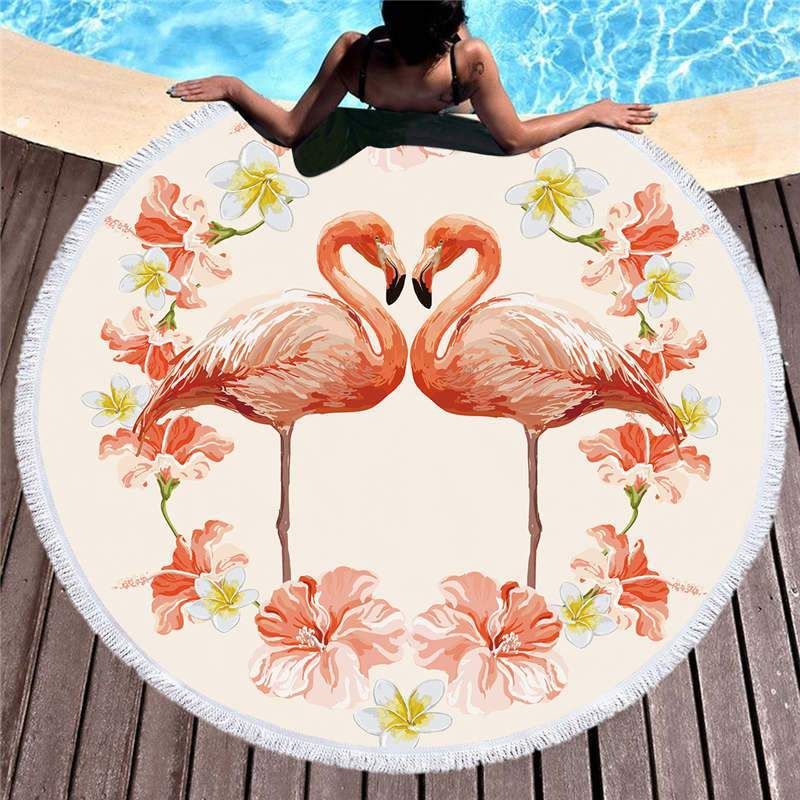 Flamingos Couple With Sweet Love Printed Round Beach Towel