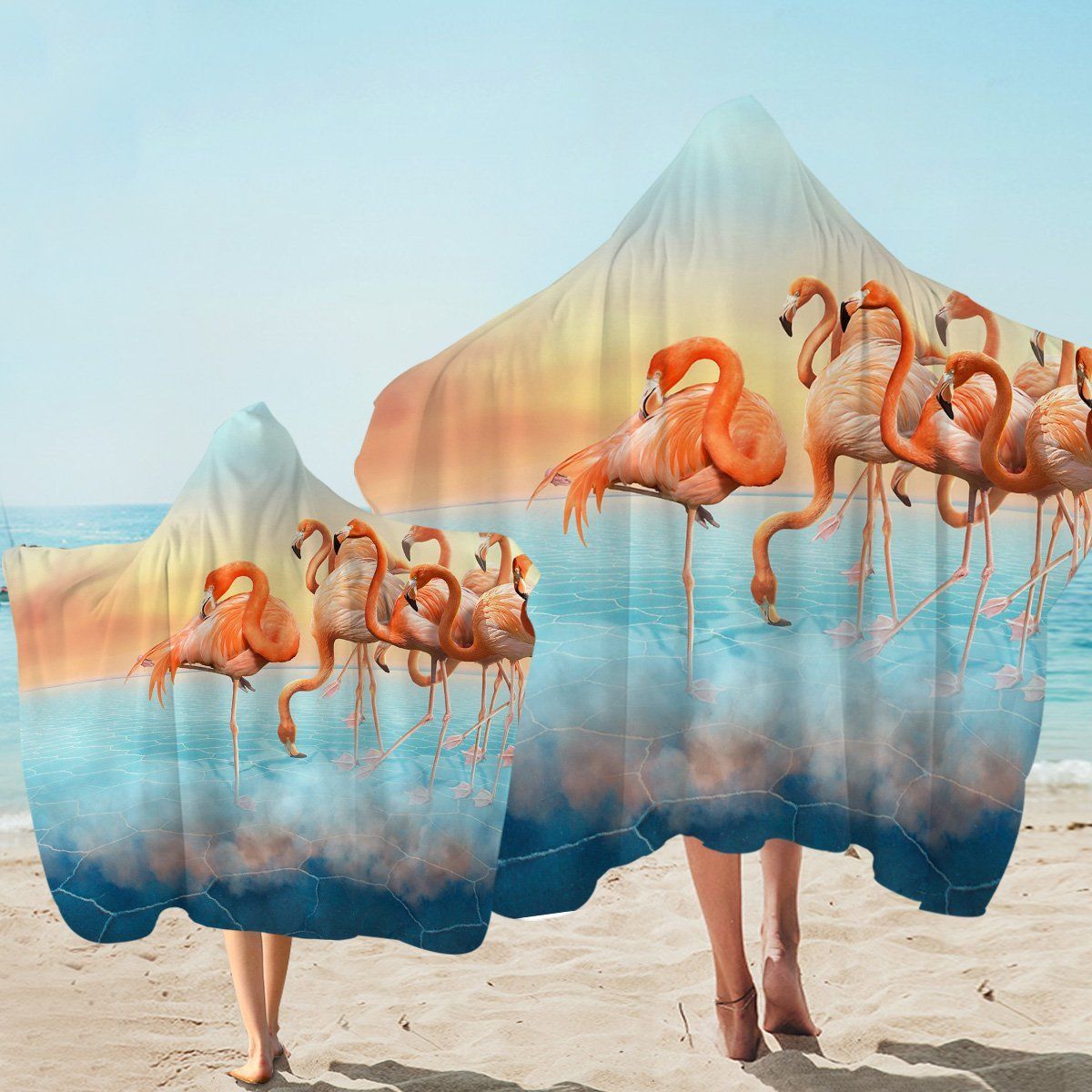 Flamingos On Ice Smoke Pattern Printed Hooded Towel