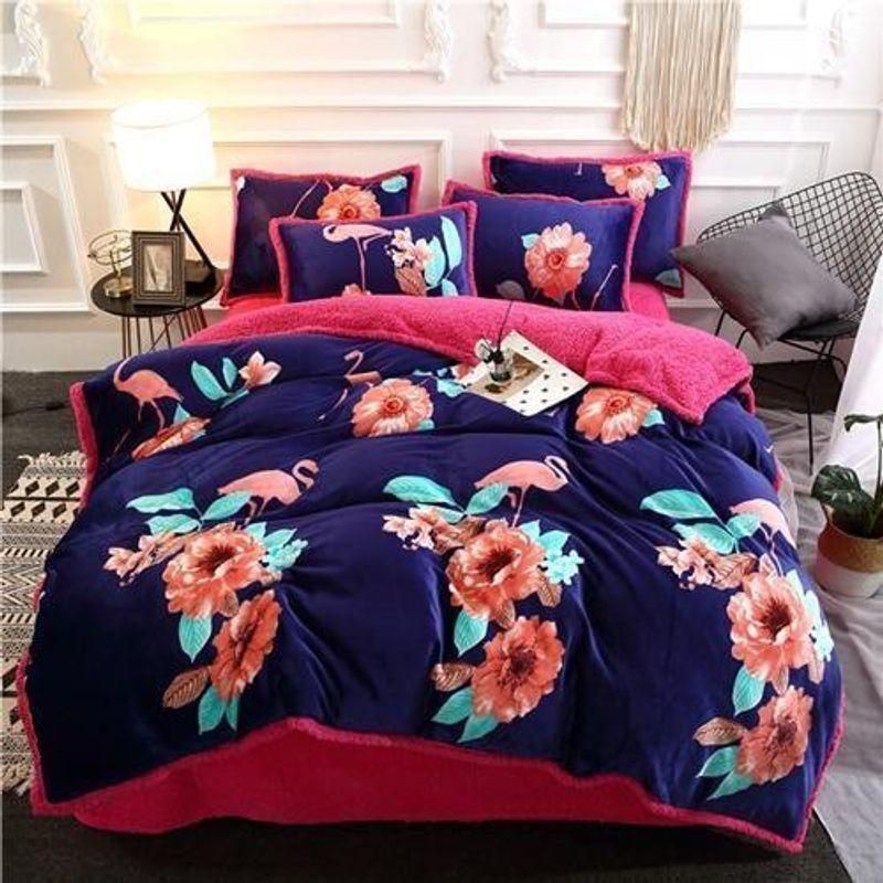Flannel Velvet Faux Lambswool Printed Bedding Set