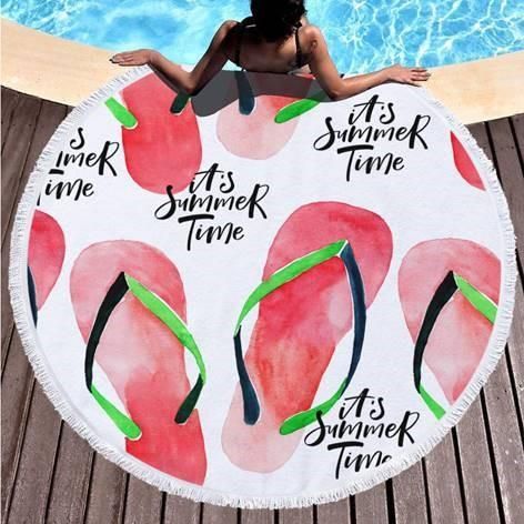 Flip Flop As Summer Time Watercolor Pattern Printed Round Beach Towel