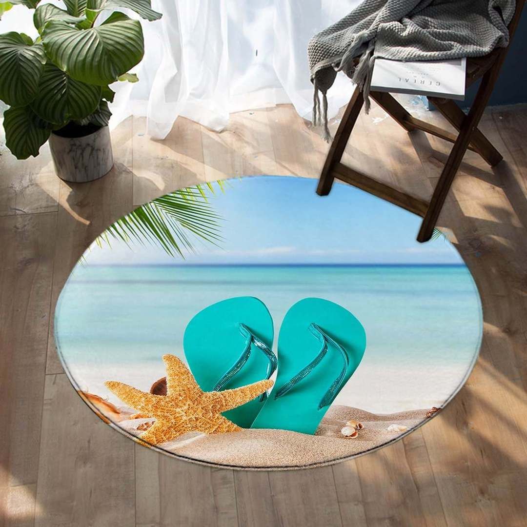 Flip Flops on the Beach Round Carpet