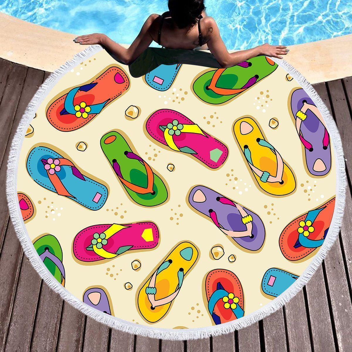 Flip Flops State Of Mind Printed Round Beach Towel