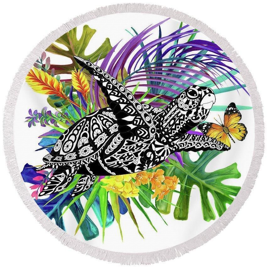 Floating With A Tropical Butterfly Printed Round Beach Towel