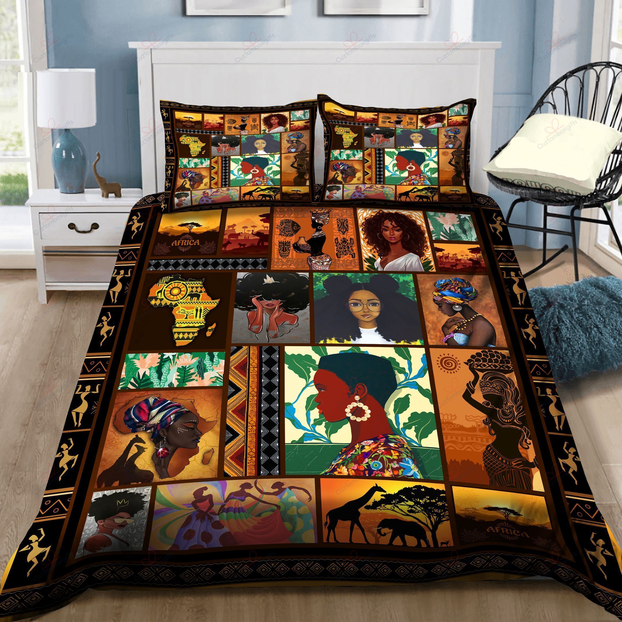 Floral Africa Girl Printed Bedding Set