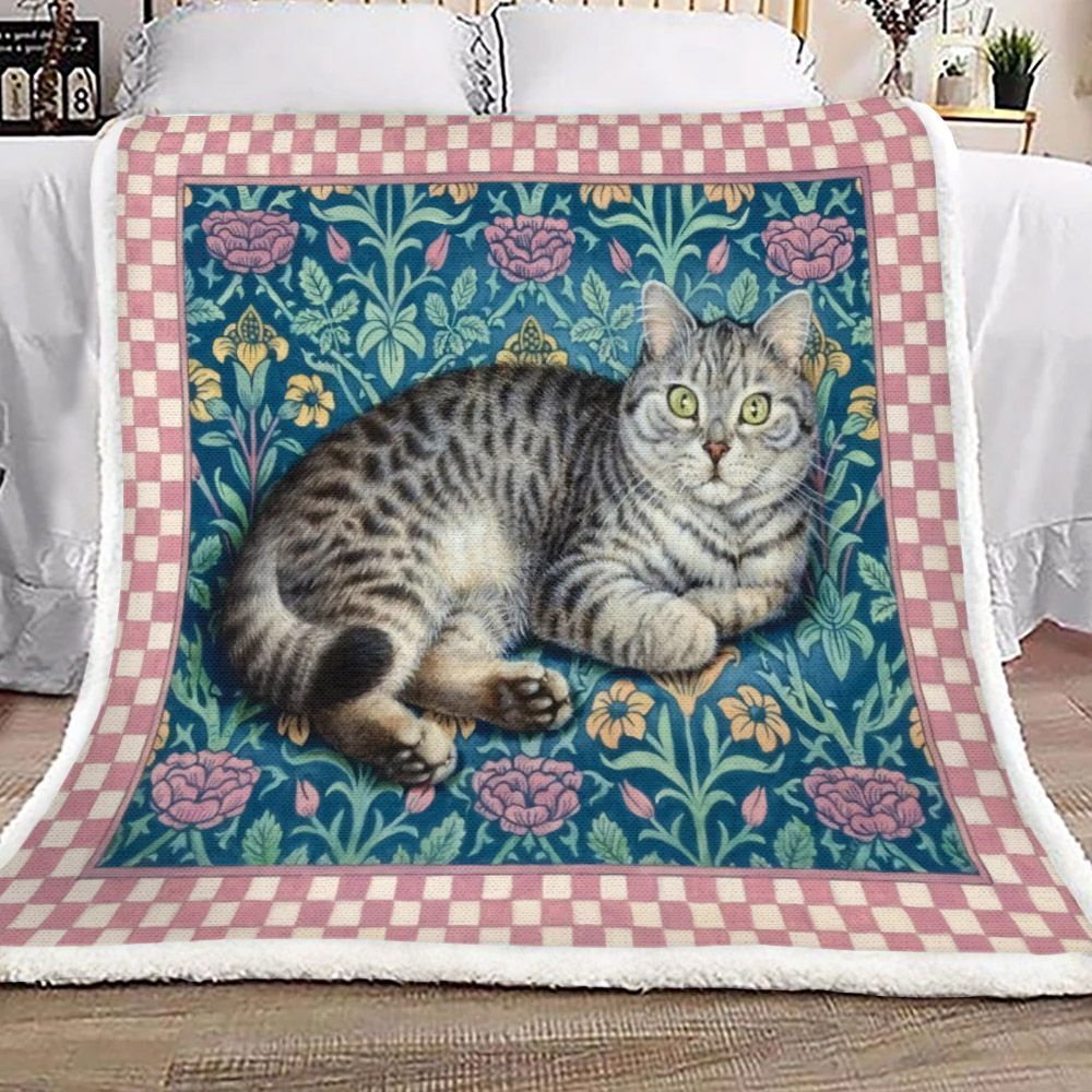 Floral And Cute Cat Sherpa Fleece Blanket