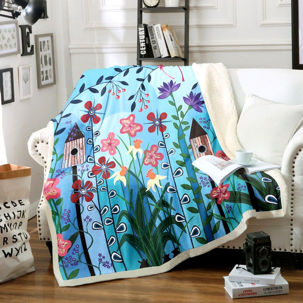 Floral Birdhouse Sherpa Fleece Blanket