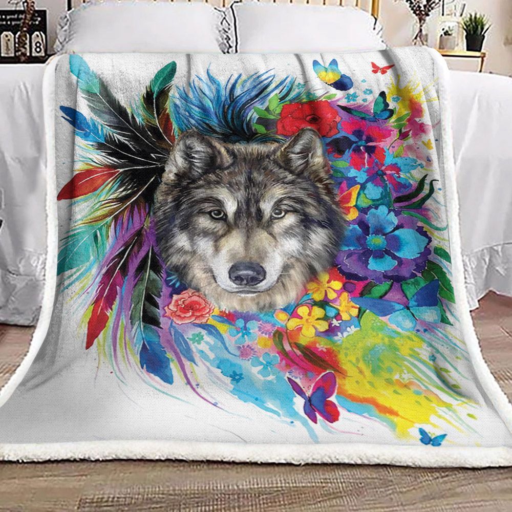Floral Boho Wolf Sherpa Fleece Blanket