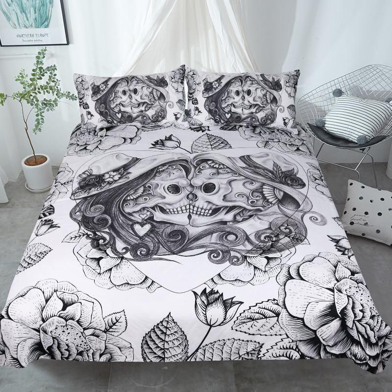 Floral Couple Skull 3D  Bedding Set