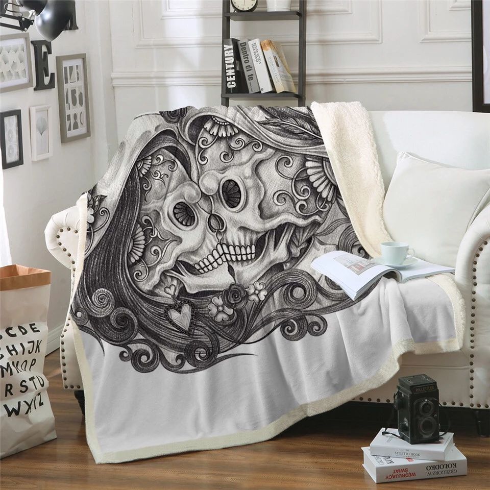 Floral Couple Skull Sherpa Fleece Blanket