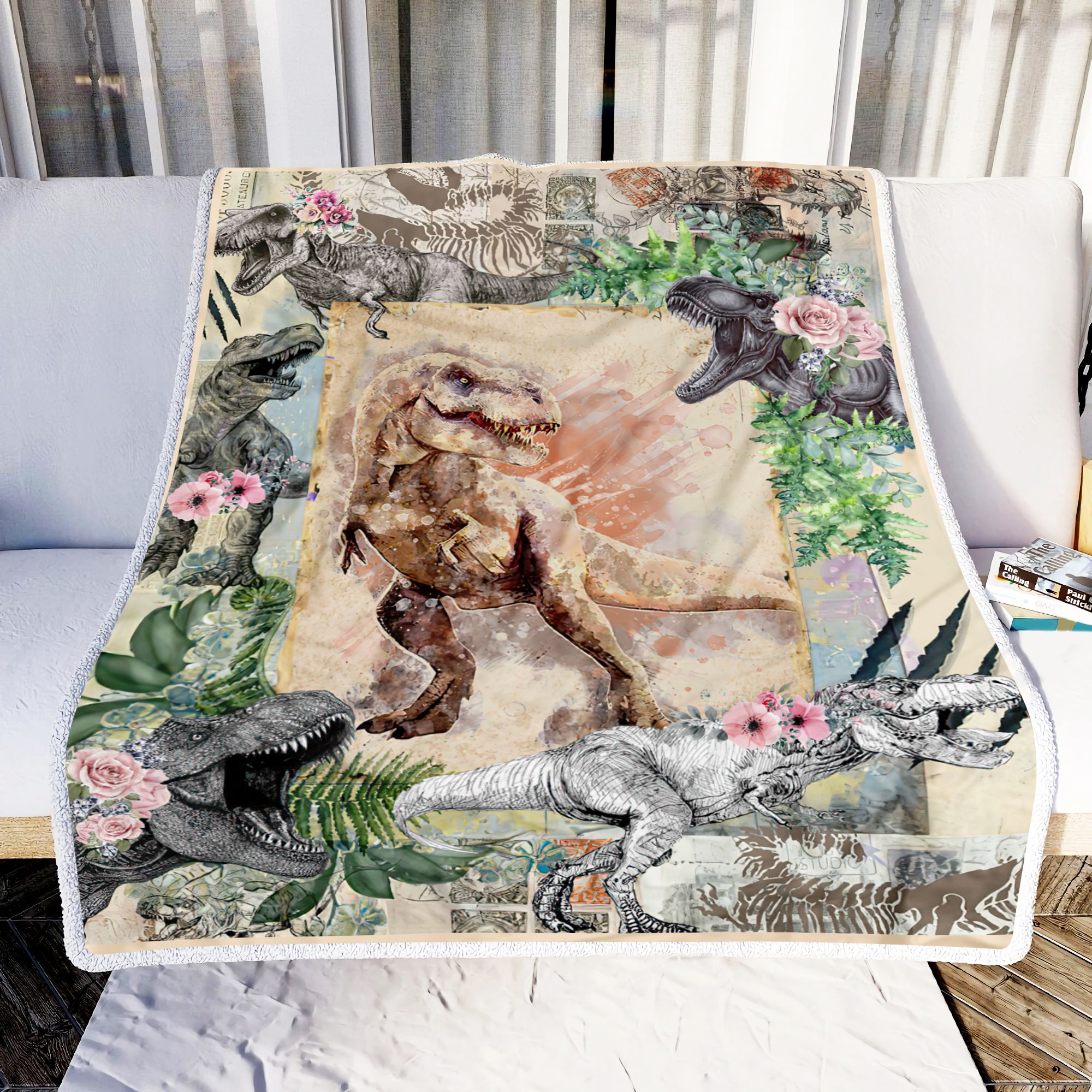 Floral Dinosaur Fleece Blanket