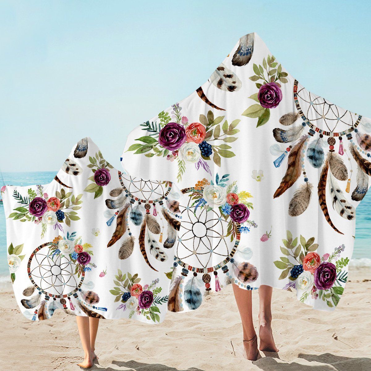 Floral Dreamcatcher On White Printed Hooded Towel