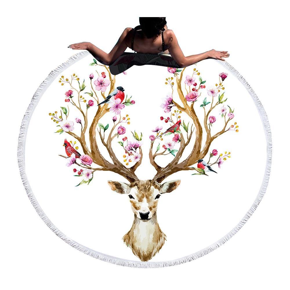 Floral Elk Horn On White Printed Round Beach Towel