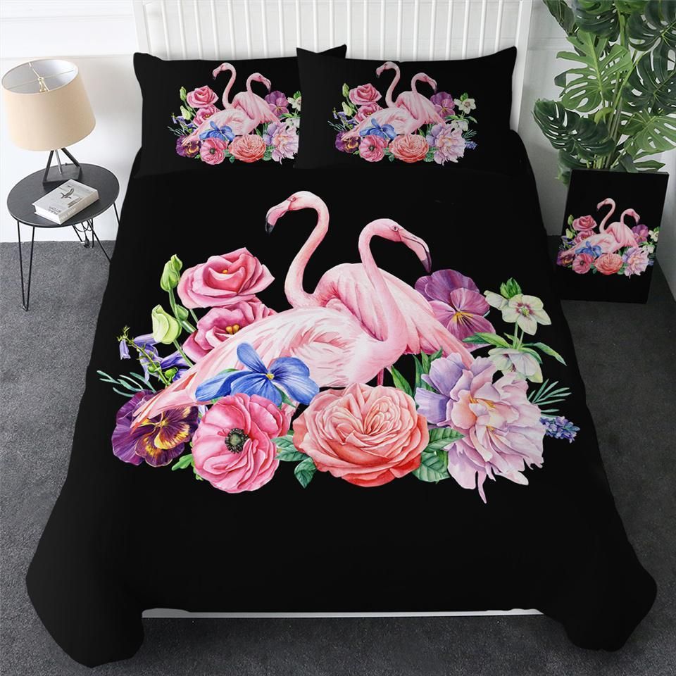 Floral Flamingo In Black Bedding Set