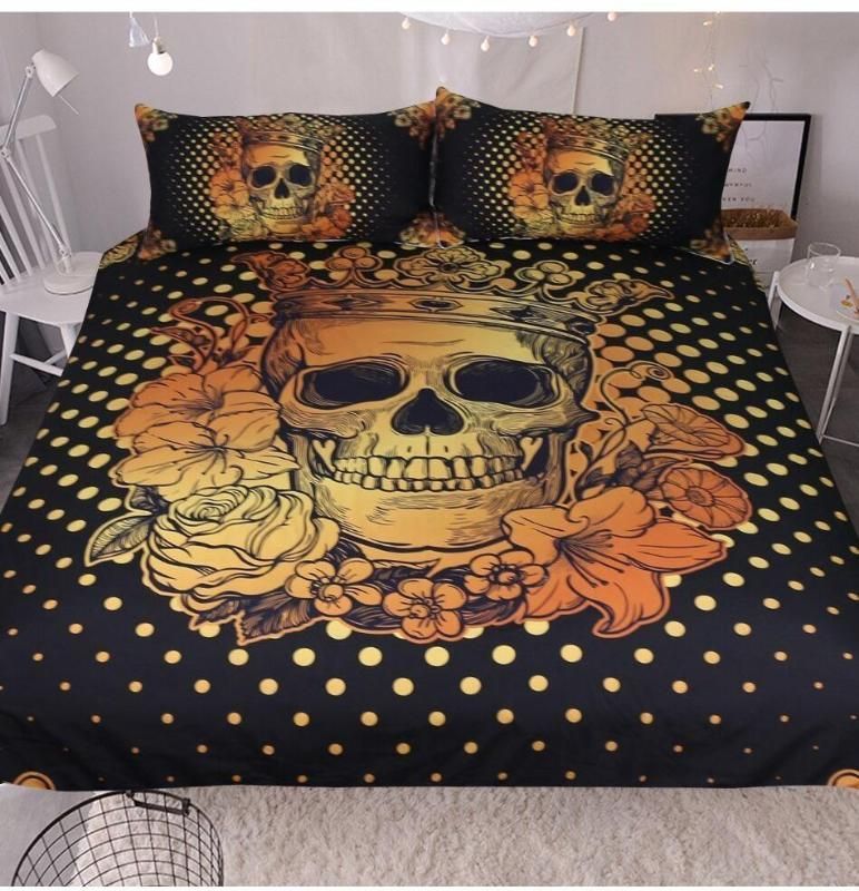 Floral Golden Skull Queen Bedding Set