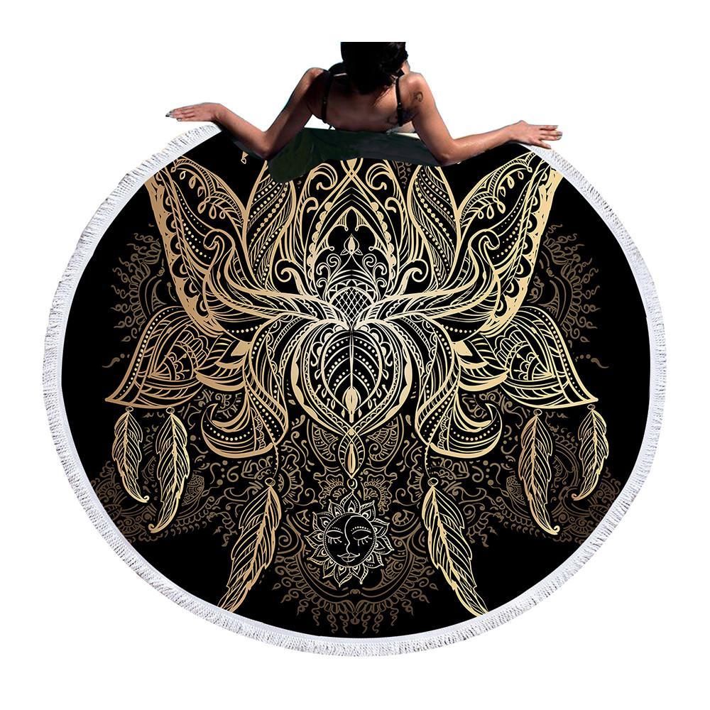 Floral Lotus Pattern Printed Round Beach Towel