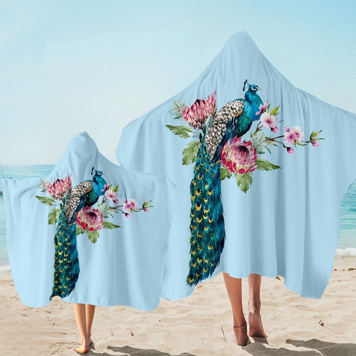 Floral Peacock Light Blue Printed Hooded Towel