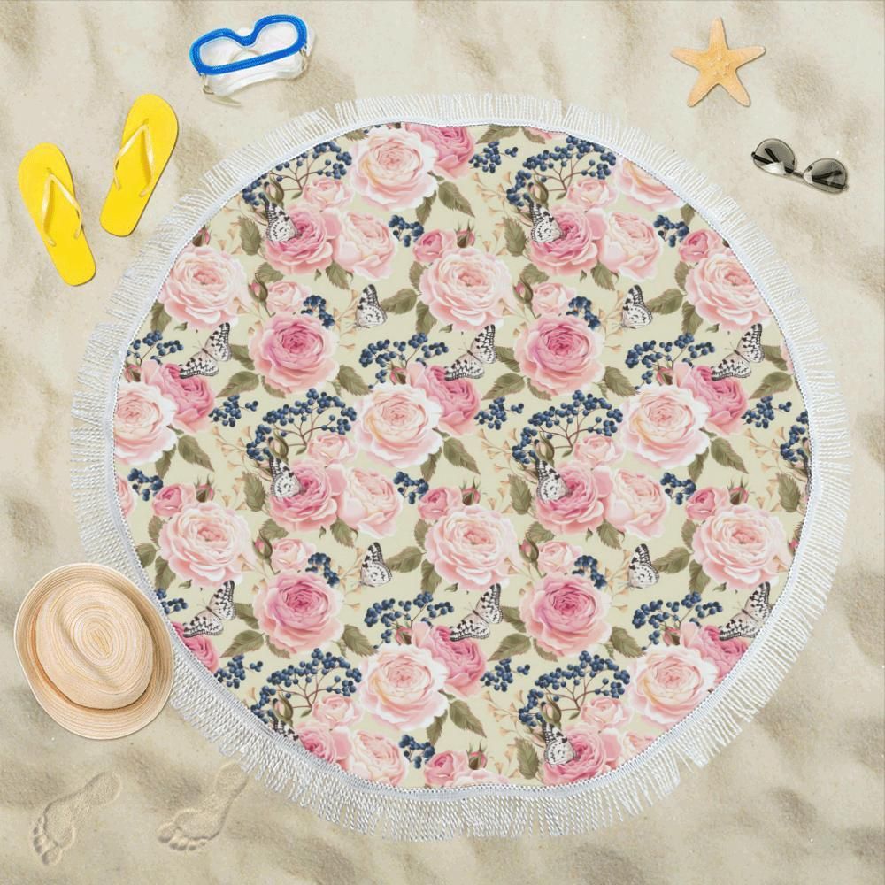 Floral Pink Butterfly Pattern Printed Round Beach Towel