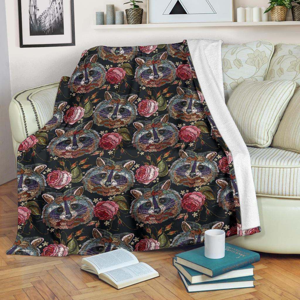 Floral Raccoon Sherpa Fleece Blanket