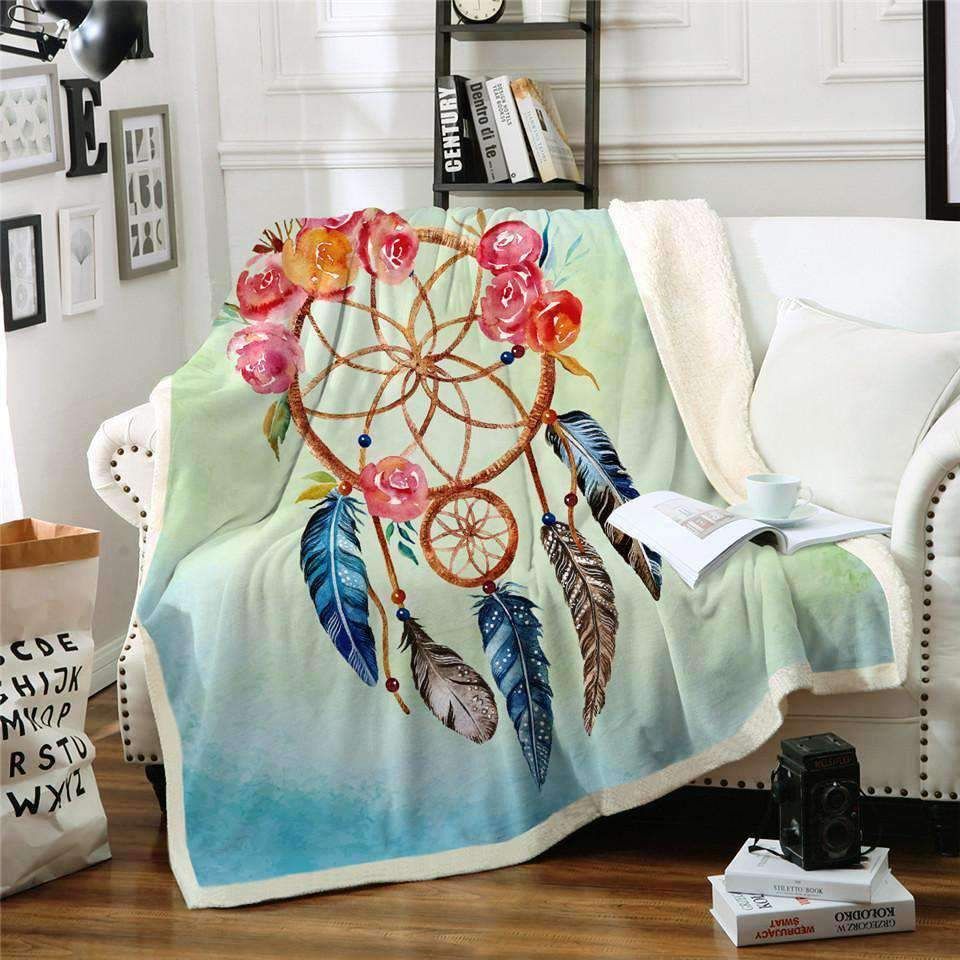 Floral Rose Dreamcatcher Sherpa Fleece Blanket