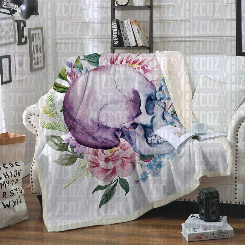 Floral Side Skull Sherpa Fleece Blanket