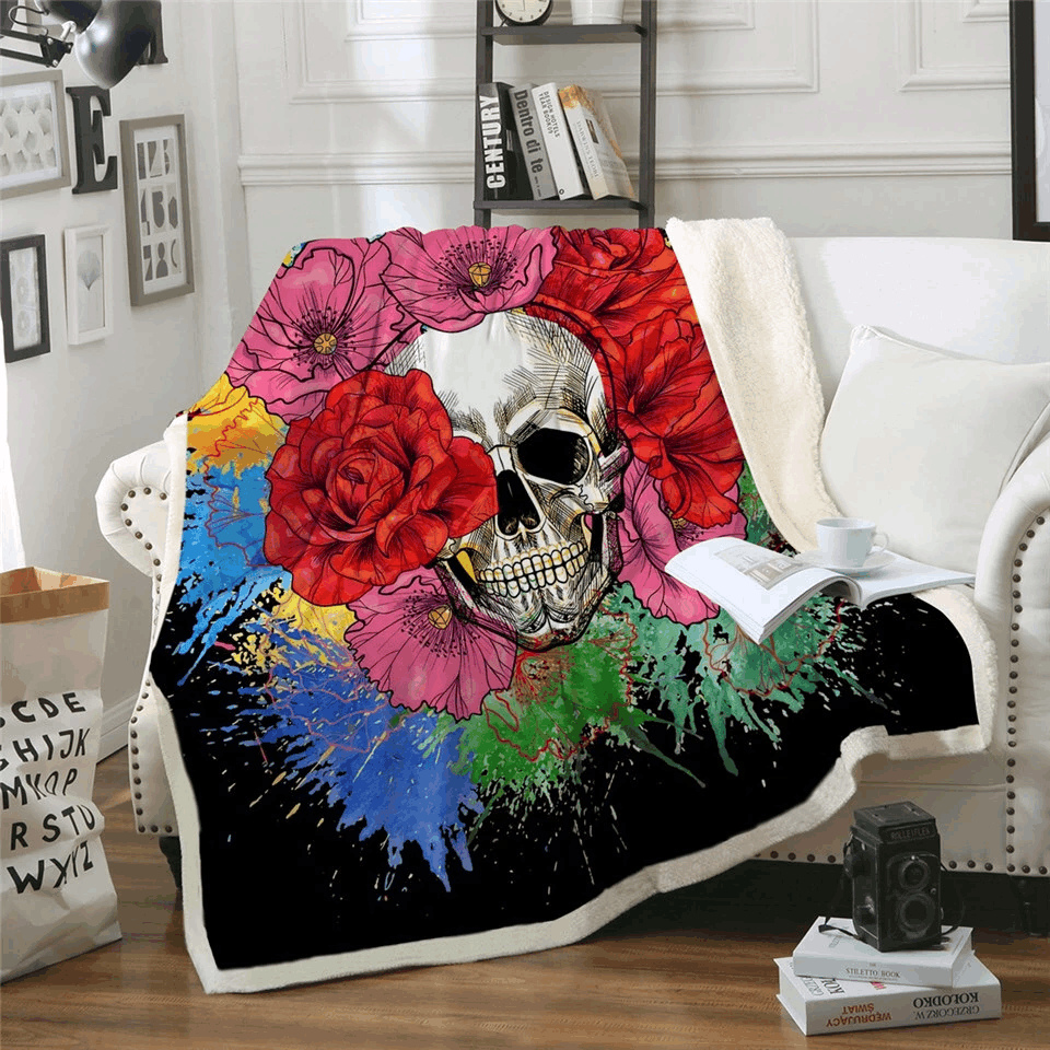 Floral Skull Sherpa Fleece Blanket