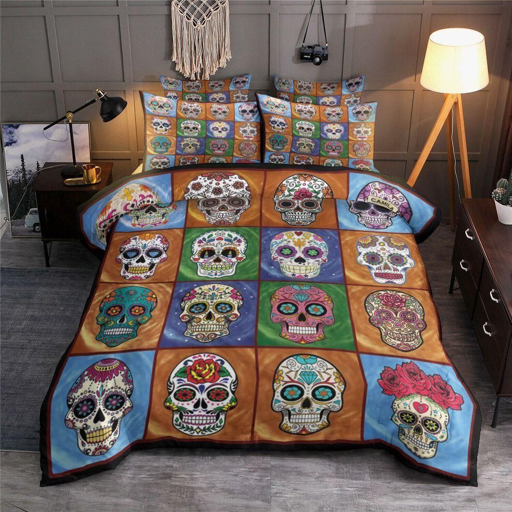 Floral Skull Pattern Squares Bedding Set