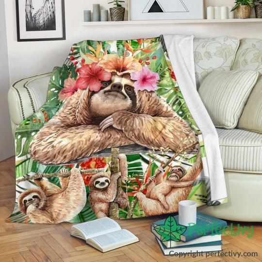 Floral Sloth Sherpa Fleece Blanket