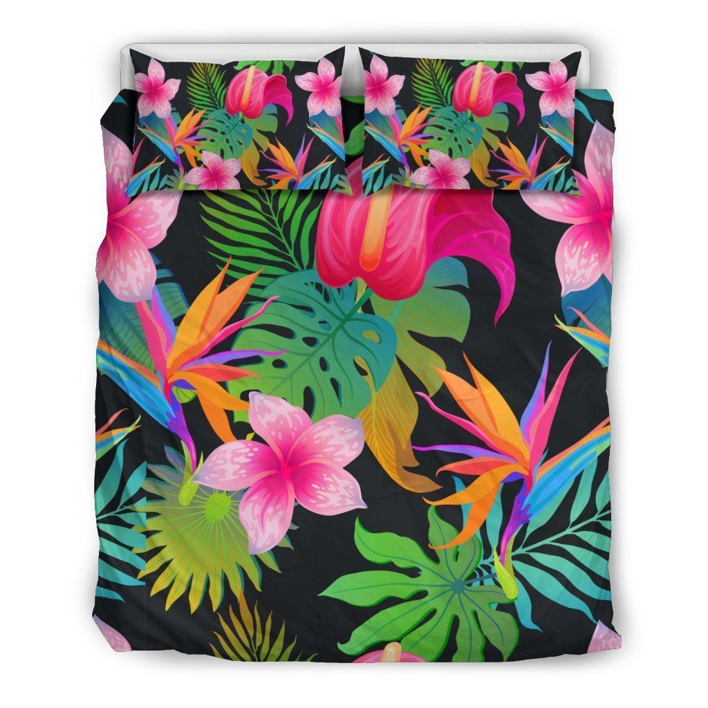 Floral Tropical Hawaiian Flower Hibiscus Palm Leaves Bedding Set