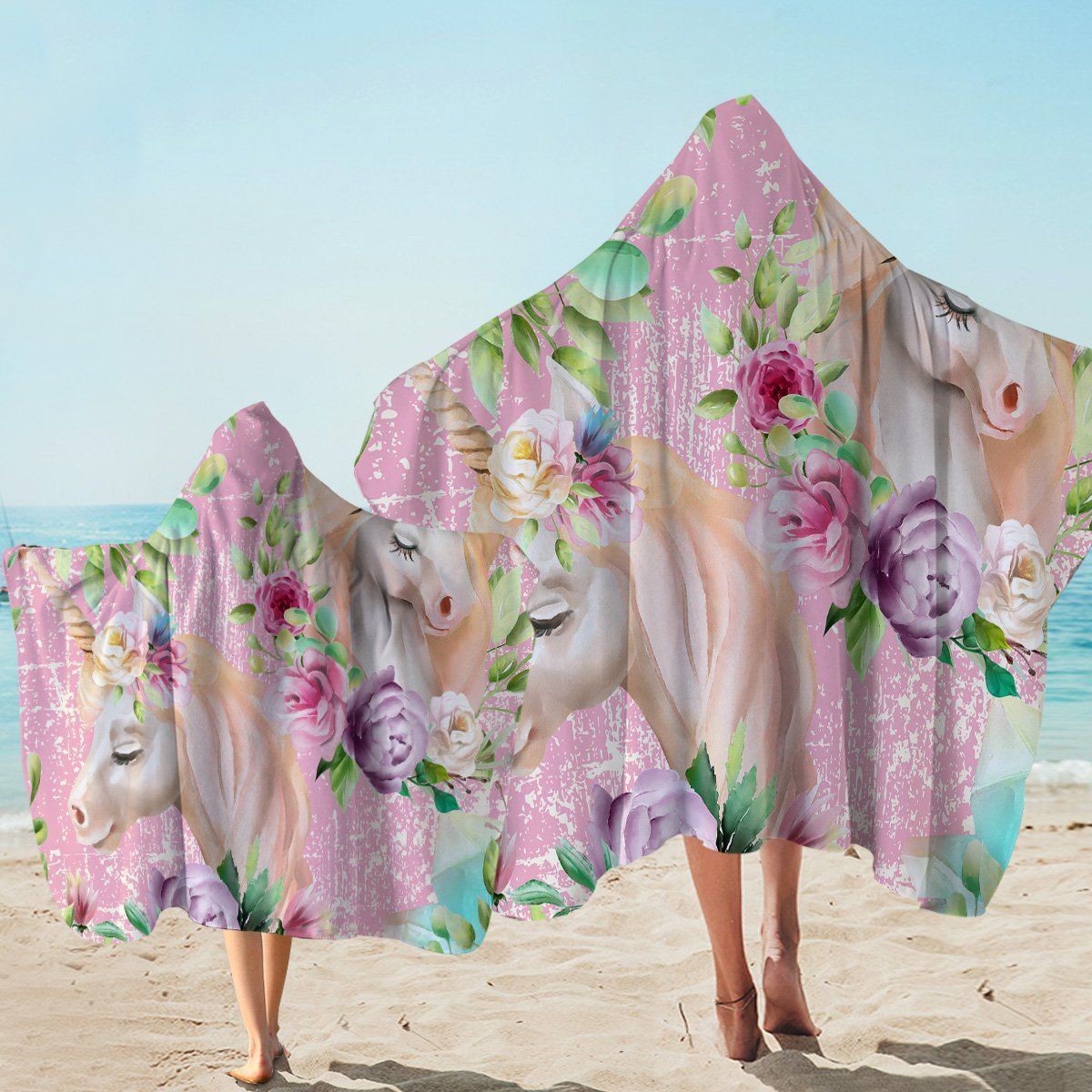 Floral Unicorn Pattern Printed Hooded Towel