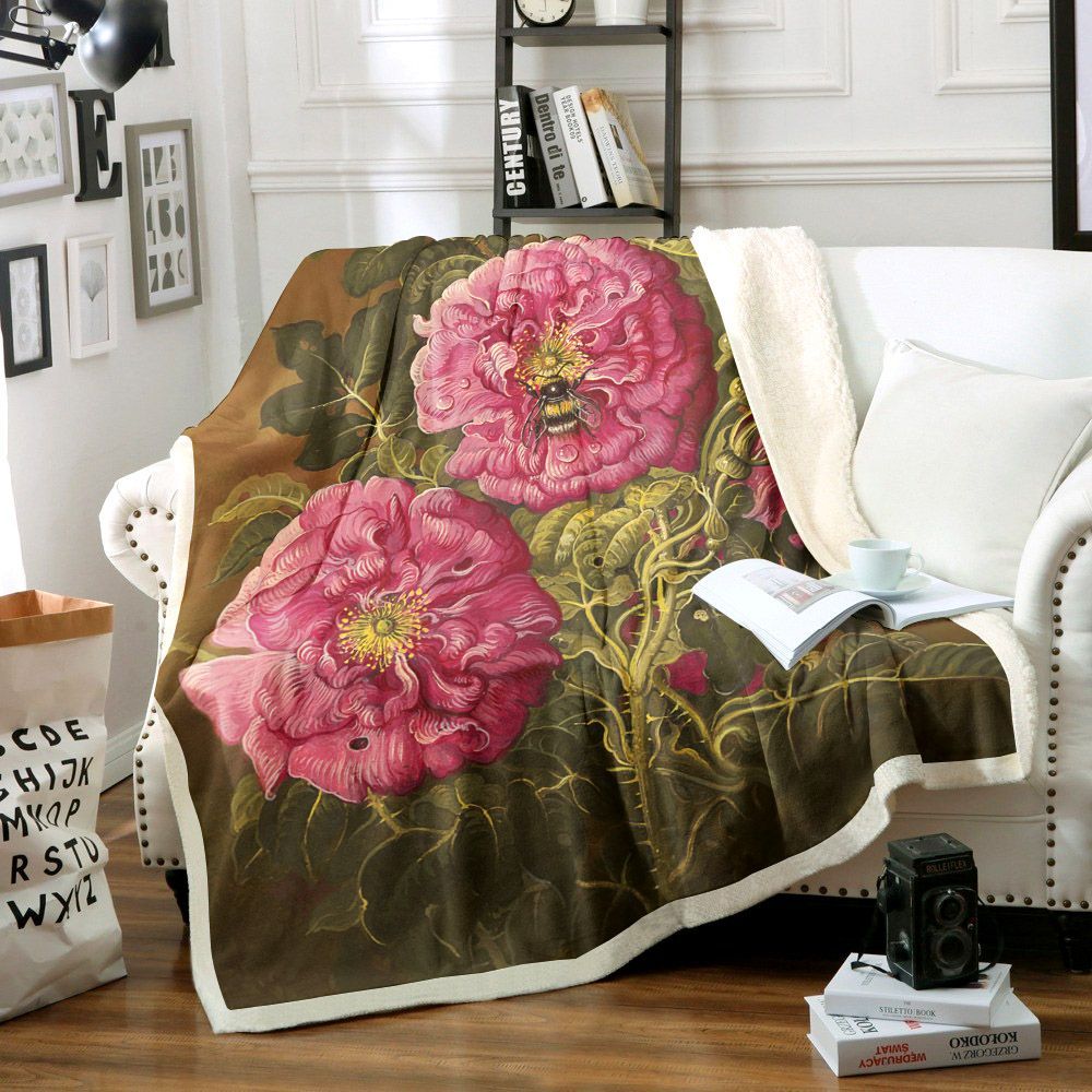 Flower And Bee Sherpa Fleece Blanket