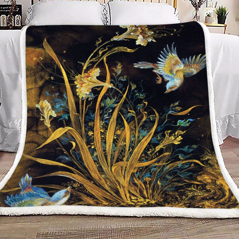 Flower And Bird Sherpa Fleece Blanket