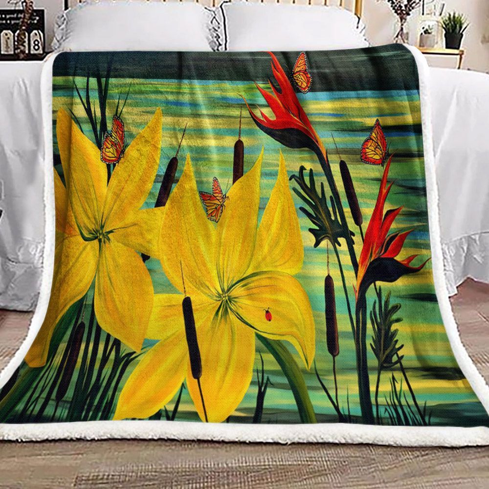 Flower And Butterfly Sherpa Fleece Blanket