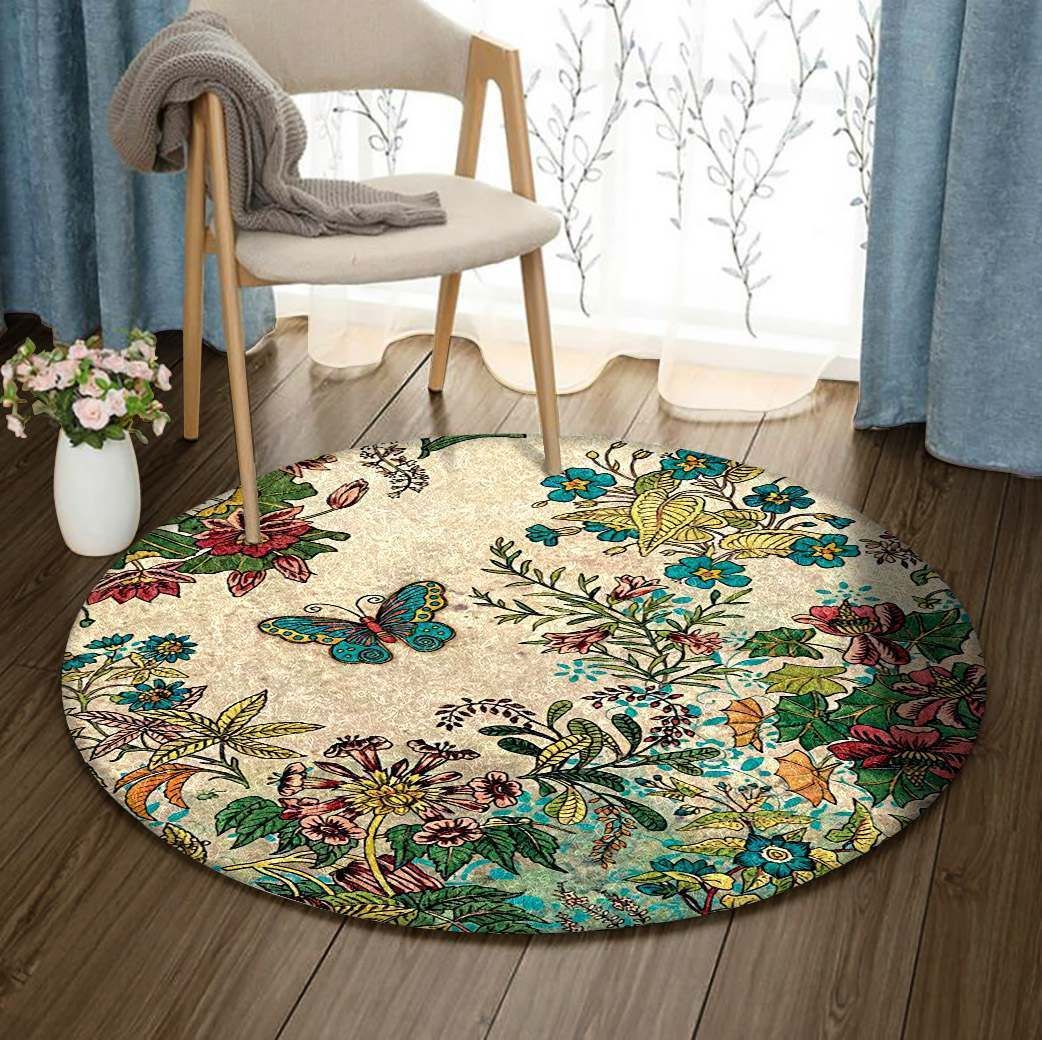 Flower And Butterfly Round Carpet