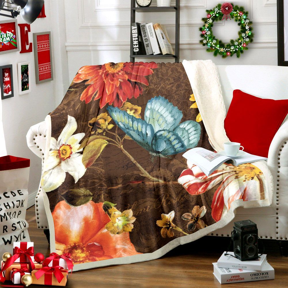 Flower And Butterfly Sherpa Fleece Blanket