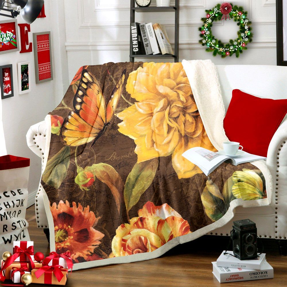Flower And Butterfly Sherpa Fleece Blanket