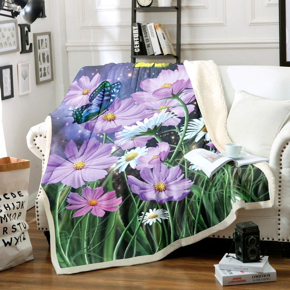 Flower And Butterfly Sherpa Fleece Blanket