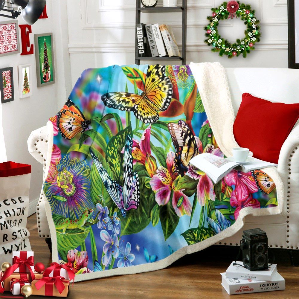 Flower And Butterfly Sherpa Fleece Blanket