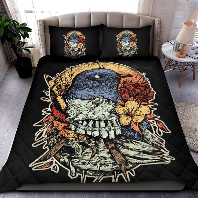 Flower And Raven Human Skull Bedding Set