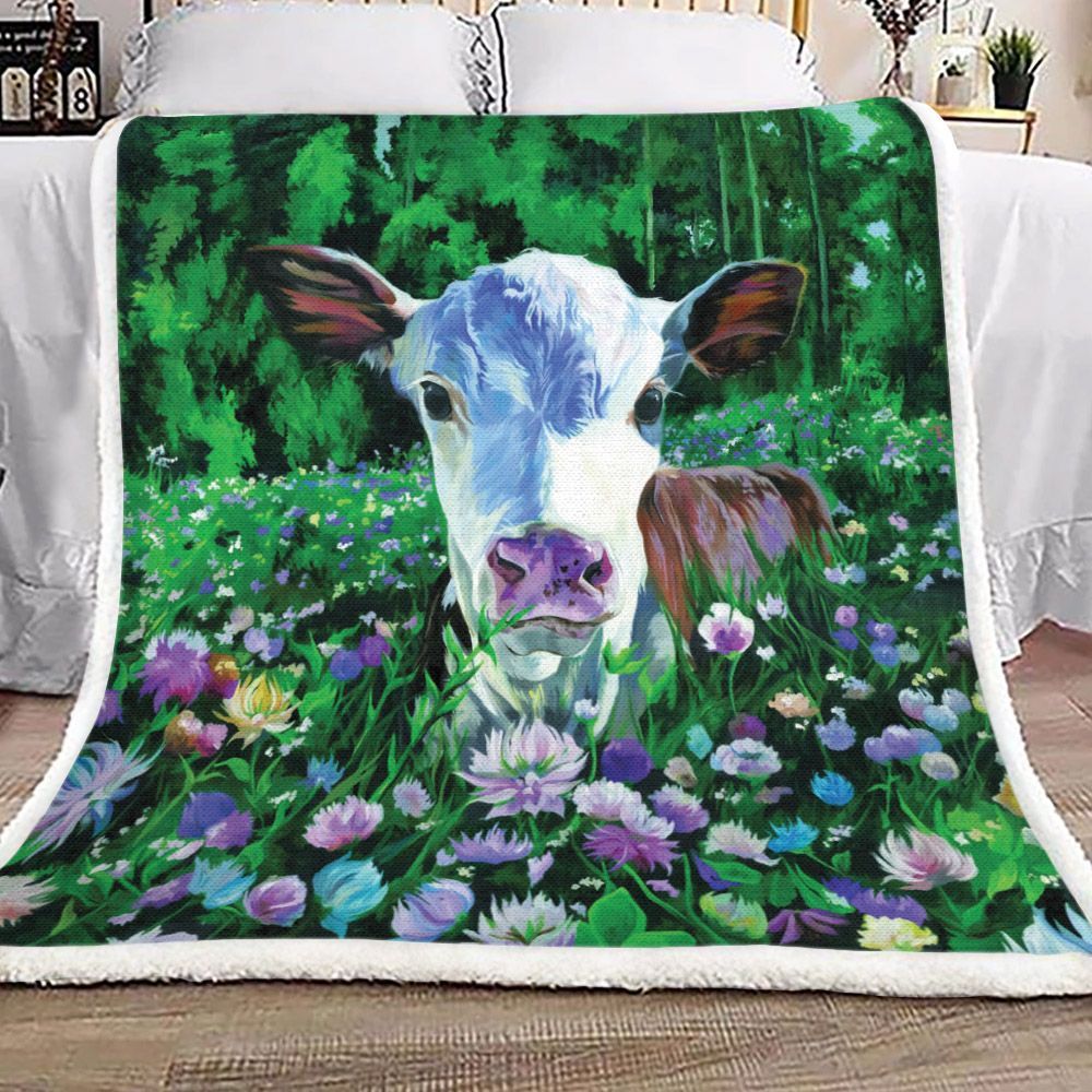 Flower And White Cow Sherpa Fleece Blanket